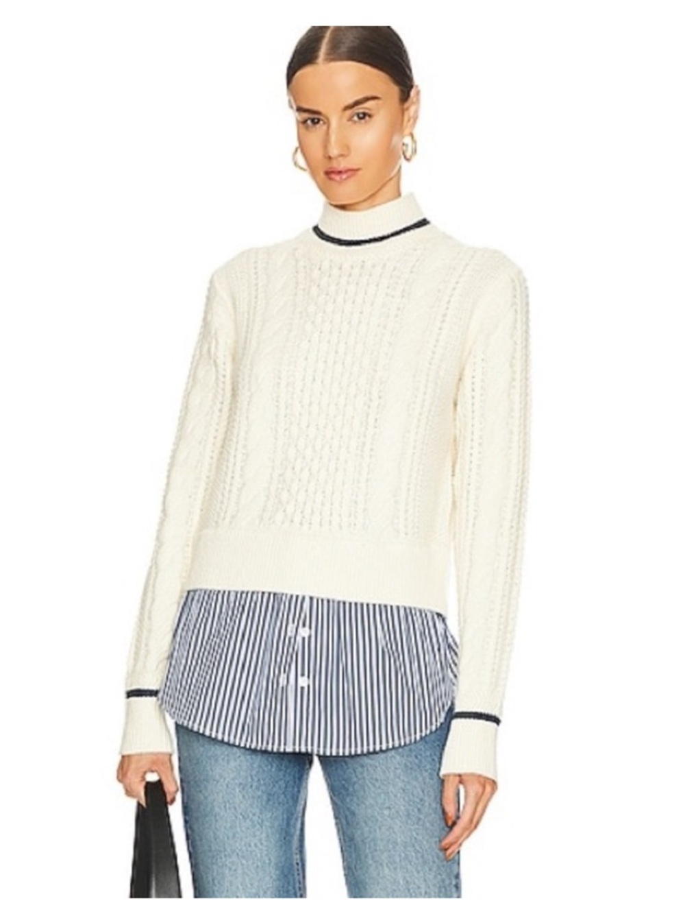 Veronica Beard Fritz Mixed Media Cable Knit Sweater Ivory Small